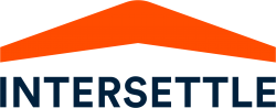 Logo Intersettle blauwe letters en oranje dakje