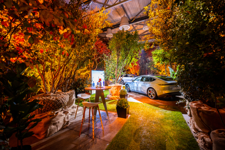 Productpresentatie auto's tussen de bomen indoor