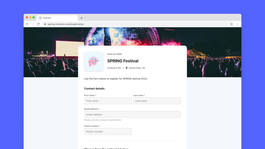 Een registratieformulier van In2event event registration