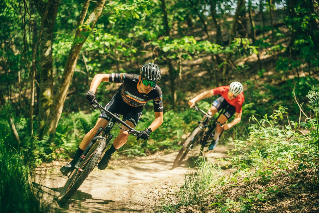 Mountainbikers op een bospad op de Veluwe